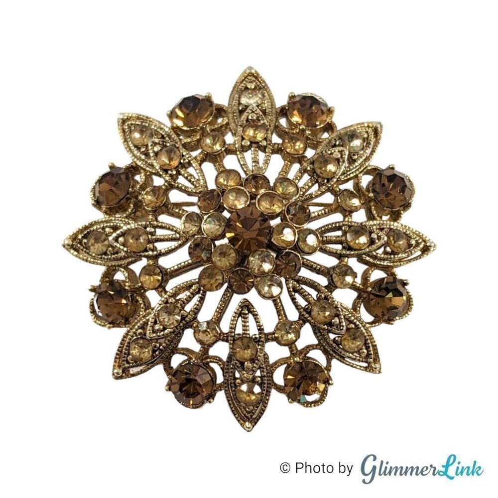 Vintage LC Liz Claiborne Orange & Brown Floral Burst Gold Tone Brooch Pin